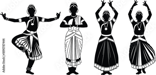 Silhouettes, of, Indian, classical, dancers, performing, traditional, Bharatanatyam, dance, poses, cultural, performance, ethnic, attire, jewelry, mudras, women, vector, illustration, isolated