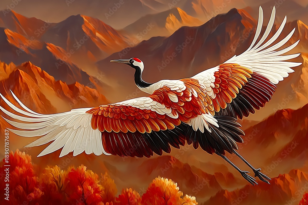 Fototapeta premium Cranes Flying Over Mountains Landscape.