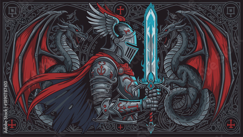 Knight with Dragons and Sword - Fantasy Art