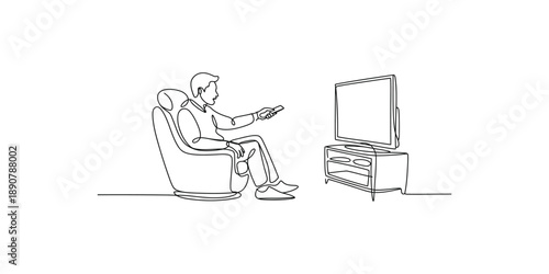 A continuous line drawing depicting a man enjoying leisure time watching television