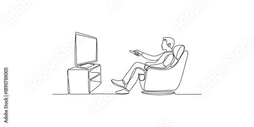 A single line drawing of a man relaxing in an armchair watching television with a remote.