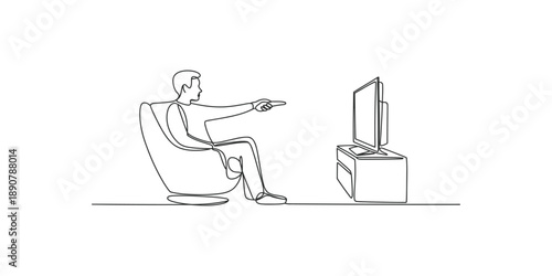 One line art illustration of a person relaxing in an armchair and watching television