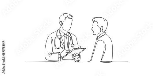 Doctor taking notes during a consultation with a patient in a minimalist line art style