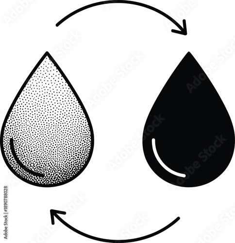 Two water drops with arrows showing a cycle, recycling liquid icons, sustainable water management, purification process illustration, environmental conservation vector elements.