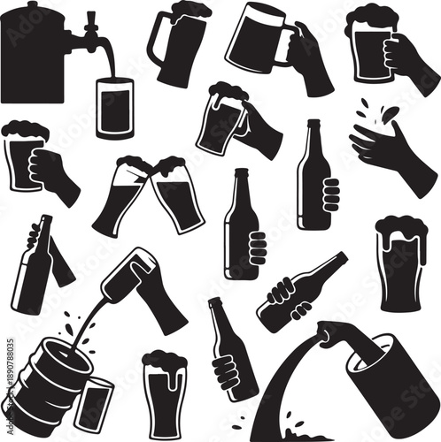 black silhouettes of beer glasses and bottles and hands