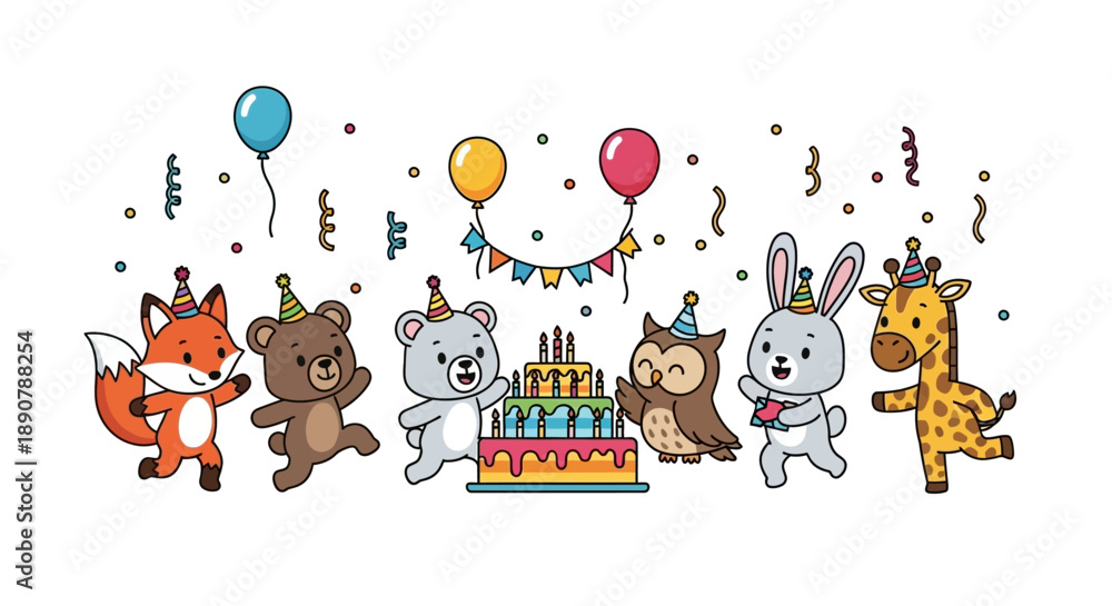 Obraz premium Happy cartoon animals celebrating birthday with cake and balloons