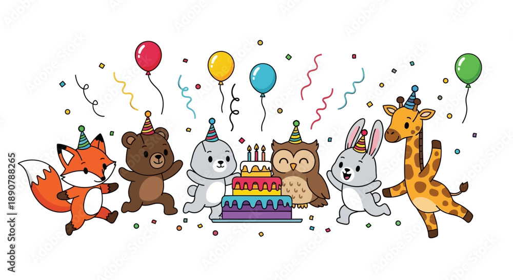 Fototapeta premium Colorful cartoon animals celebrating birthday with cake and balloons