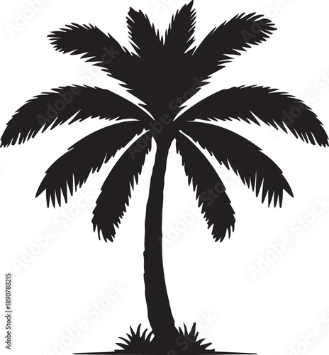 Silhouette of a palm tree with broad, arching fronds against a white background. The image conveys a tropical, serene atmosphere.