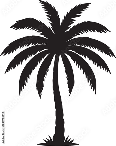 Silhouette of a palm tree with detailed leaves and a textured trunk on a plain white background. The image evokes a tropical, serene ambiance