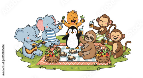 Adorable animals enjoy picnic together in park