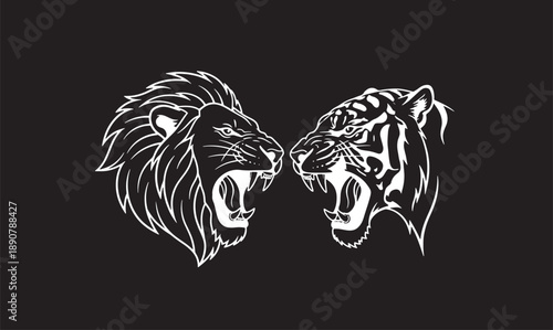 Powerful Lion and Tiger Roaring Face to Face Vector Illustration on Black Background Art