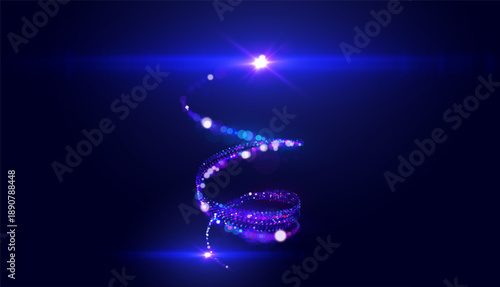 Abstract spiral of luminous particles and light trails on dark vector background, symbolizing data flow, digital transformation, energy, artificial intelligence and high speed information  concept