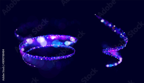 Abstract spiral of luminous particles and light trails on dark vector background, symbolizing data flow, digital transformation, energy, artificial intelligence and high speed information  concept