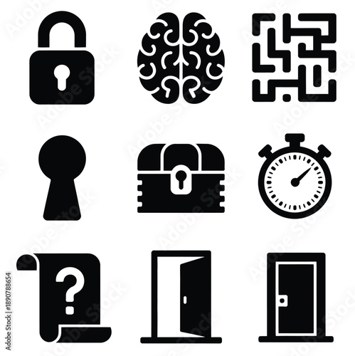 Escape room icons in solid filled style featuring lock brain puzzle maze symbols for mystery game design