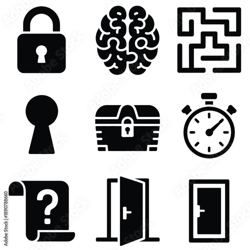 Escape room game icons showing solid filled puzzle lock maze and logic challenge symbols for entertainment visuals
