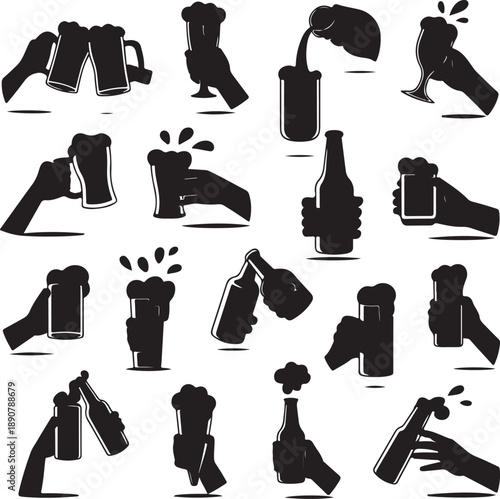 black silhouettes of hands holding beer bottles and glasses