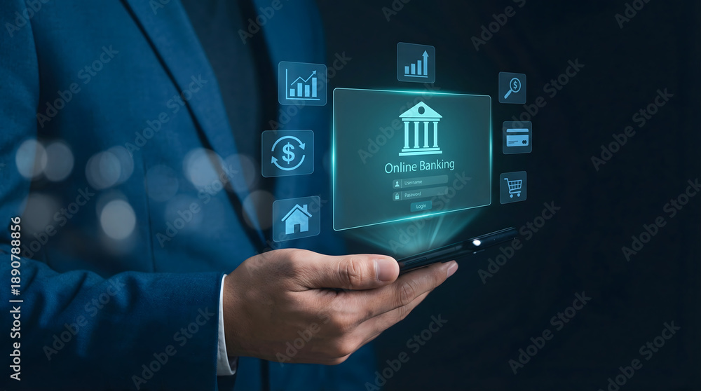 Fototapeta premium Businessmans hand holds smartphone accessing secure online banking in a dark digital envir