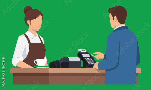 Customer paying at cafe counter using card payment terminal, cashier serving coffee, illustrating retail transaction, contactless payment, point of sale system, hospitality service