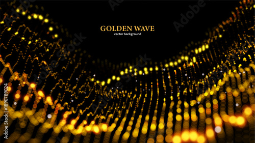 Visualization of flowing, dynamic wave composed of shimmering golden particles. Concept of success and elegance. Good for high-end branding luxury product packaging and exclusive gala event invitation