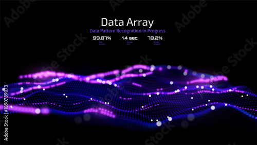 Futuristic data array visualization with flowing particle waves and digital interface representing big data analysis, pattern recognition, artificial intelligence, machine learning vector background