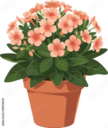 Potted flowering plant illustration with soft pink blossoms and green leaves isolated on white background, perfect for gardening, home decor, botanical design, nature, and spring decoration concepts