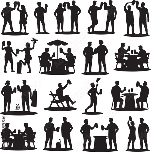 black silhouettes of people drinking and socializing in various settings
