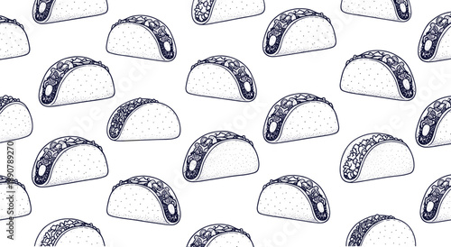 Seamless taco pattern illustration in hand drawn vintage line art style, black and white Mexican food background design for restaurant branding, packaging, wallpaper and textile prints