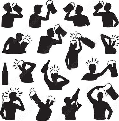 black silhouettes of people drinking beer from bottles and mugs