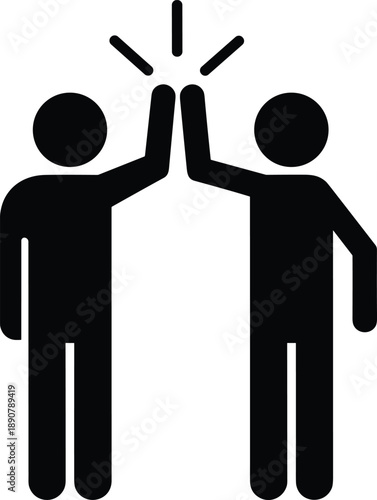 Teamwork high five icon illustration showing two people celebrating success, cooperation and achievement concept, minimal black silhouette symbol for business, collaboration, partnership