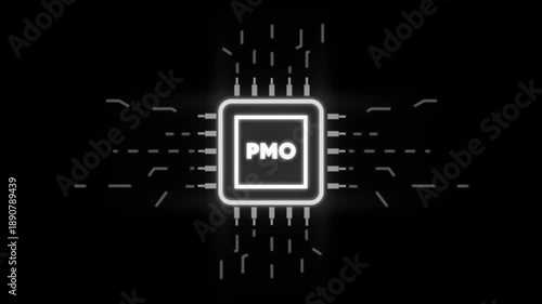 Glowing P M O Microchip Circuit Board on Black Background with Neon Lines and Dots