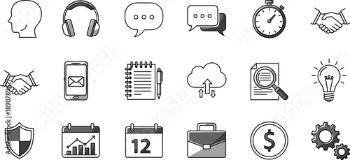 Business and productivity icons including communication, technology, time management, innovation, finance, teamwork, security, and data analysis