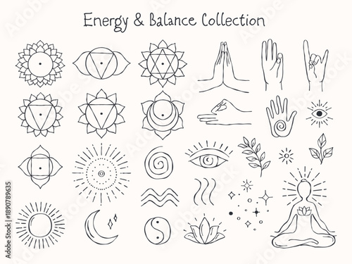 Bild auf Leinwand Hand-drawn line art vector of energy and balance symbols, including chakra symbo