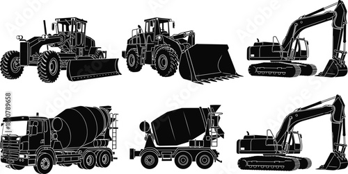 Set of construction equipment silhouettes vector icons, excavator, crane, loader, concrete mixer, heavy machinery for industrial building projects, isolated illustration.