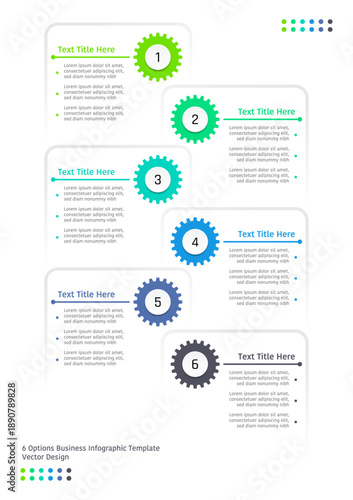6 options business infographic template, theme of rounded corner square frames which overlap with each other also with gears in various colors