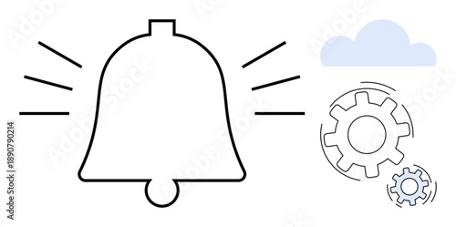 Notifications, cloud services, settings, app alerts, cloud storage, updates. Bell icon with sound lines, cloud and gears. Notifications and cloud services concepts functionality and updates