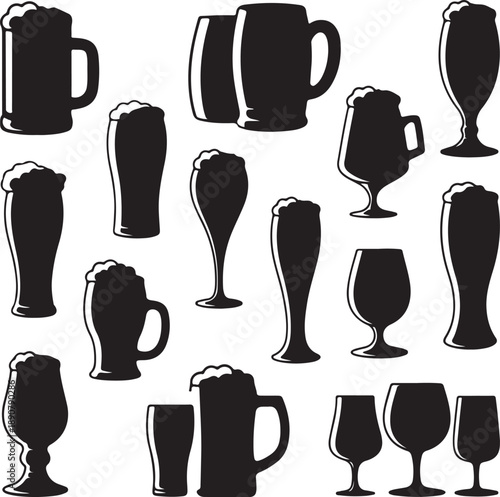 black silhouettes of various beer glasses and mugs on white background
