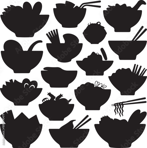 black silhouettes of various bowls and dishes with chopsticks on white background