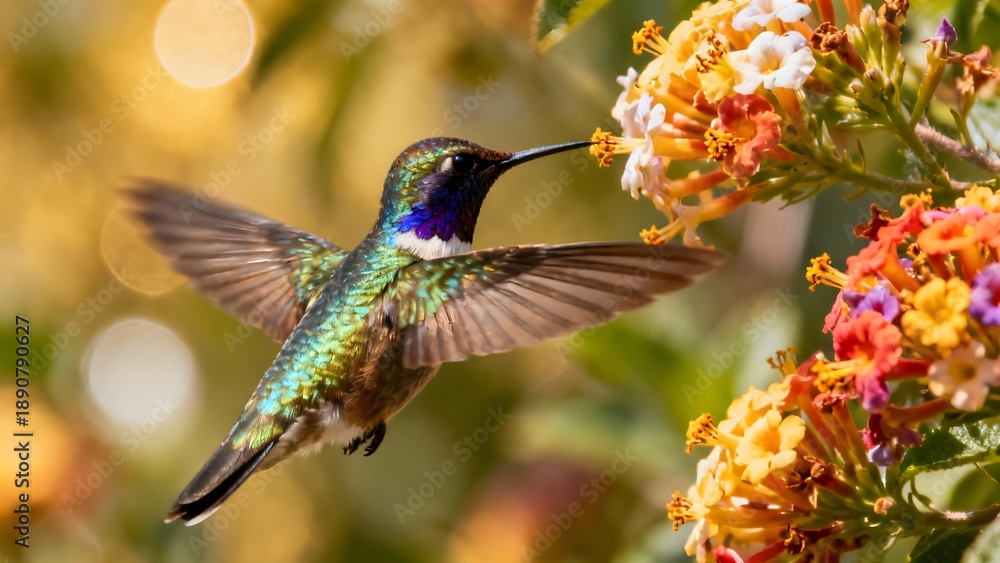 Obraz premium Realistic Wildlife Photography of a Hummingbird with Iridescent Plumage and Spread Wings