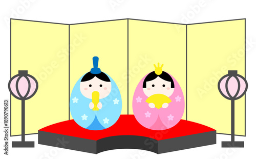 扇型の台座に乗ったかわいい雛人形のイラスト