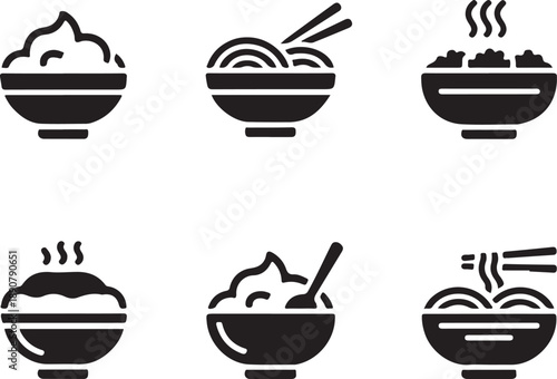 Black silhouettes of various bowls of food on white background