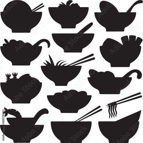black silhouettes of various bowls and dishes with chopsticks