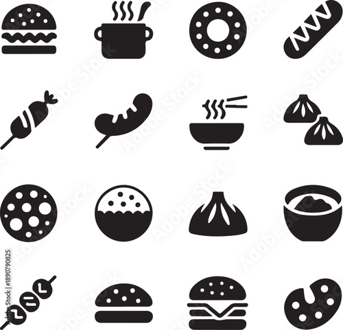 Black silhouettes of various food icons on white background