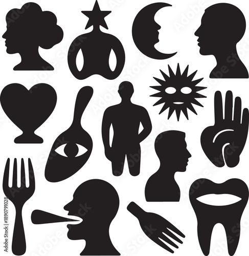 black silhouettes of various objects and people on white background