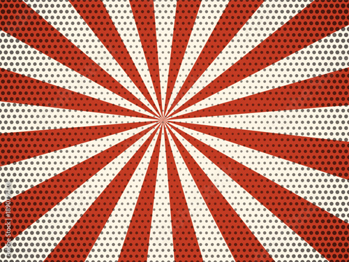 Dynamic red and white radial sunburst background with halftone dot texture perfect for retro pop art designs or comic book style graphics