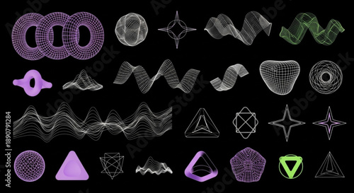 Abstract geometric shapes and wireframe 3D render objects in vibrant neon colors on a dark background, a collection of futuristic design elements