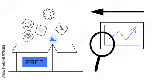 Free digital tools. Depiction of free digital tools with essential app icons and a growth chart data analysis. Free tools facilitate innovation and efficiency. For business, analytics, software