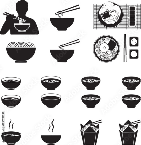 collection of black silhouettes of Asian food and dishes