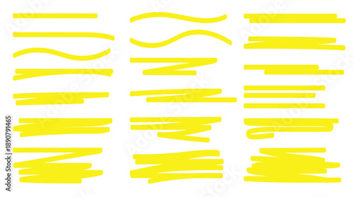 Yellow highlighter underline brush stroke set with marker pen highlights, hand drawn vector lines and accent strokes for text emphasis and design decoration stock illustration