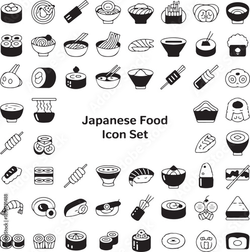 Collection of various Japanese food icons on white background