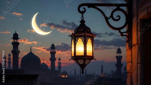 Islamic mosque lantern glowing at dusk with crescent moon and minarets sunset backdrop